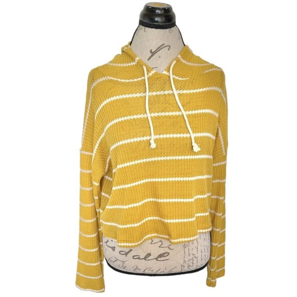 Caution to the Wind Sweater Cropped Hoodie Sz Medium Yellow Striped Honeycomb